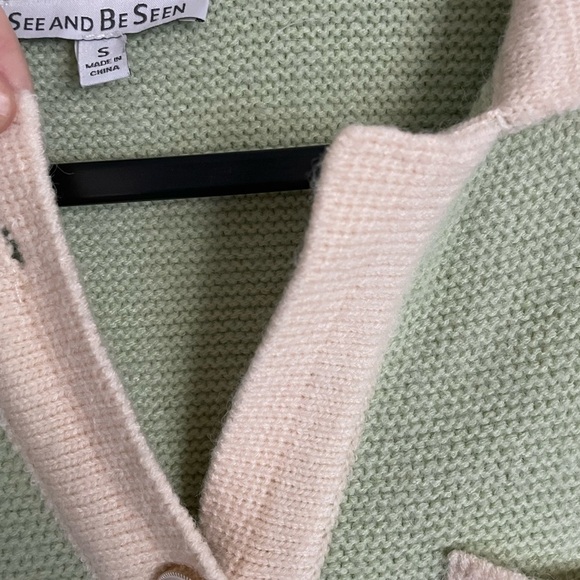 See And Be Seen Pearl Button Contrast Cardigan Sweater S Mint Green Cream - Picture 6 of 10